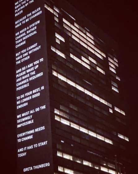 UN Building New York Greta Thunberg Quote